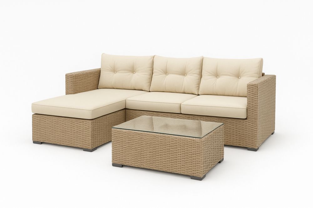 Kültéri L-alakú fonott ülőgarnitúra üvegasztallal és párnákkal