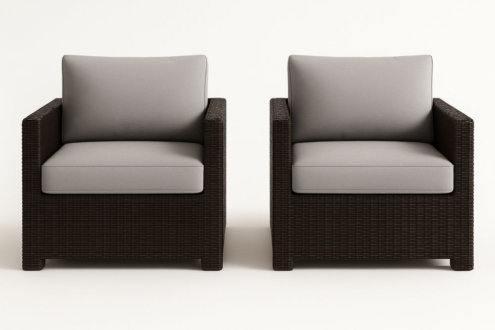 2 db kerti fotelek PE fonott barna kerettel és szürke párnákkal