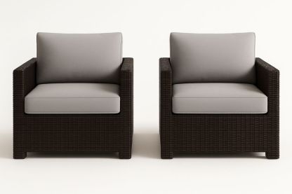 2 db kerti fotelek PE fonott barna kerettel és szürke párnákkal