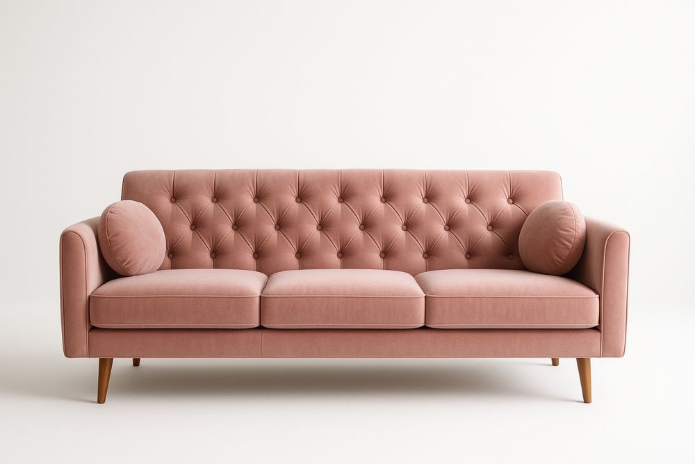 Rózsaszín háromüléses bársony kanapé fa lábakkal
