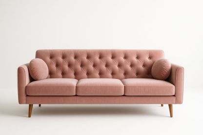 Rózsaszín háromüléses bársony kanapé fa lábakkal