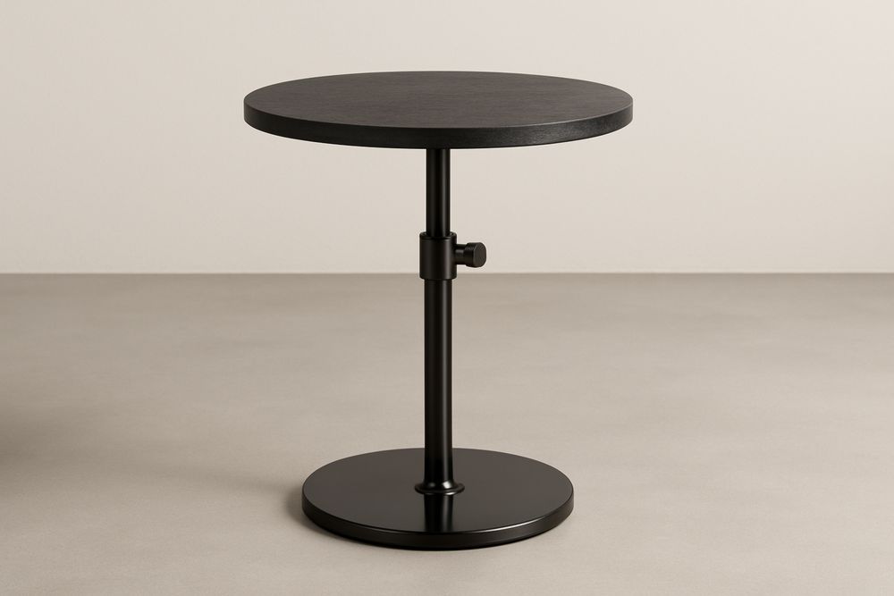 Kerek állítható magasságú asztal fekete acél és fa 50 cm