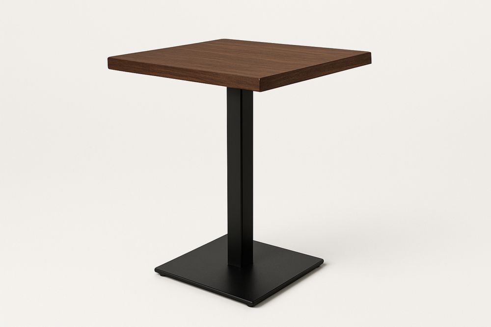 Négyszögletű asztal 80x80 cm dió furnér asztallap fém láb fekete