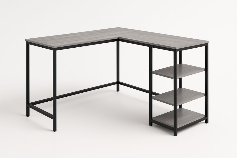 L-alakú sarok íróasztal fém kerettel és MDF polcokkal, szürke