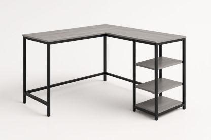 L-alakú sarok íróasztal fém kerettel és MDF polcokkal, szürke