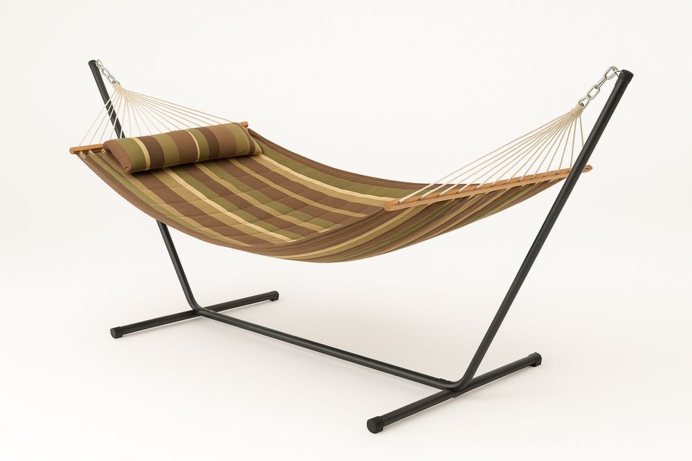 Függőágy készlet acélkeret UV-álló poliészter párnával, Barna/Zöld 200x150 cm