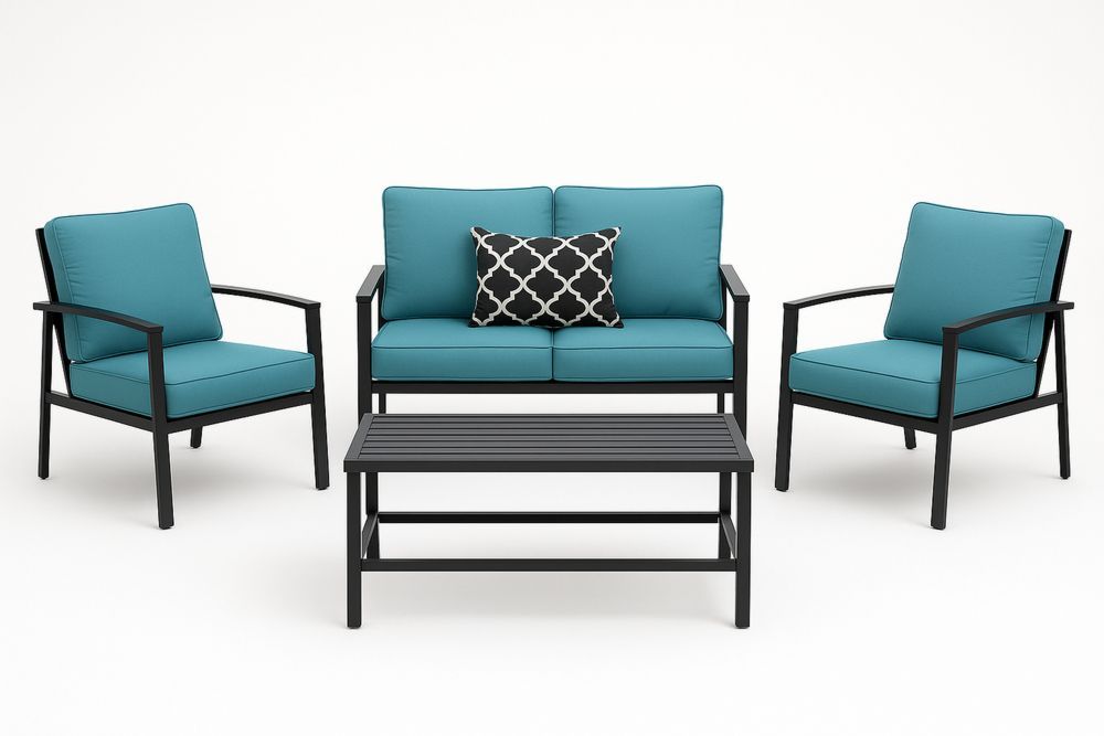 Kerti ülőgarnitúra alumínium kerettel, kék párnákkal