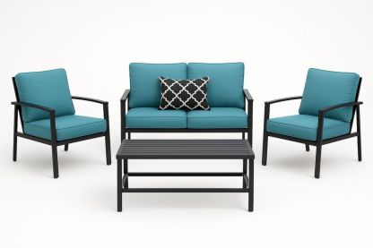 Kerti ülőgarnitúra alumínium kerettel, kék párnákkal