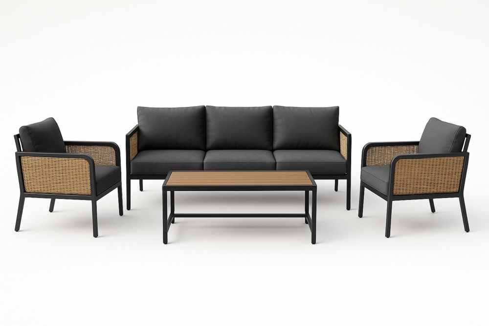 Kerti garnitúra: 1 háromszemélyes kanapé, 2 fotel, 1 asztal, fém keret, polyrattan szövet kárpitozás, fekete, fa asztallap