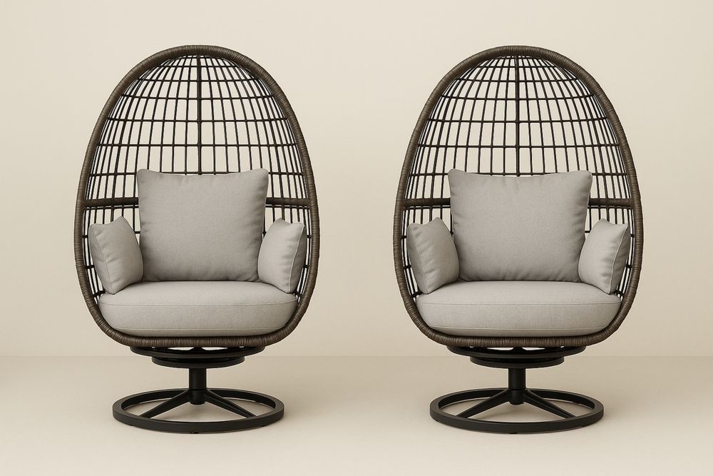 Kerti forgó tojás szék acél alap és párnázott párnák, Bézs/Fekete