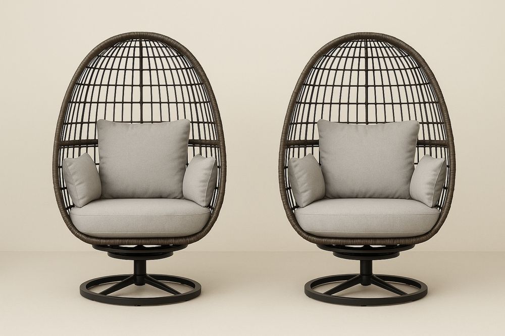 Kerti forgó tojás szék acél alap és párnázott párnák, Bézs/Fekete