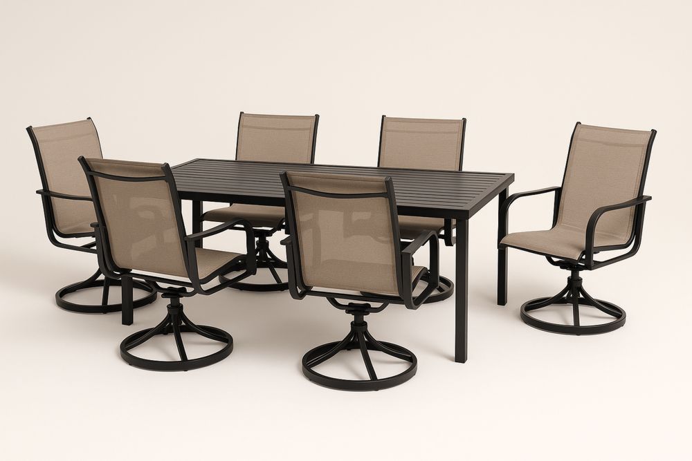 Kültéri étkezőgarnitúra 6 forgó székkel, alumínium keret, textilén huzat