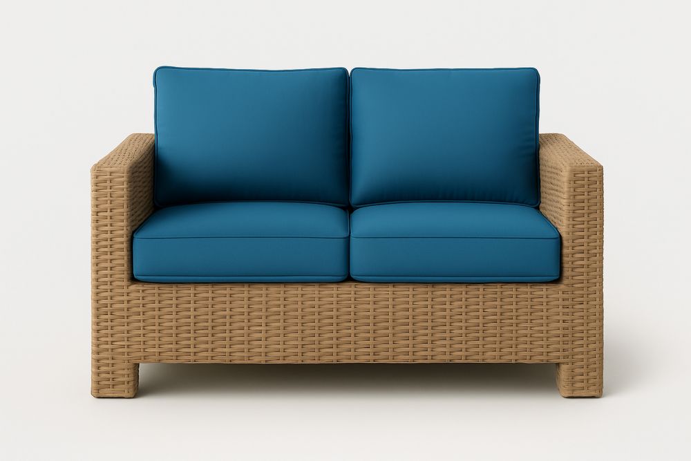 Rattan kanapé poliészter kék párnákkal 140cm x 80cm x 75cm