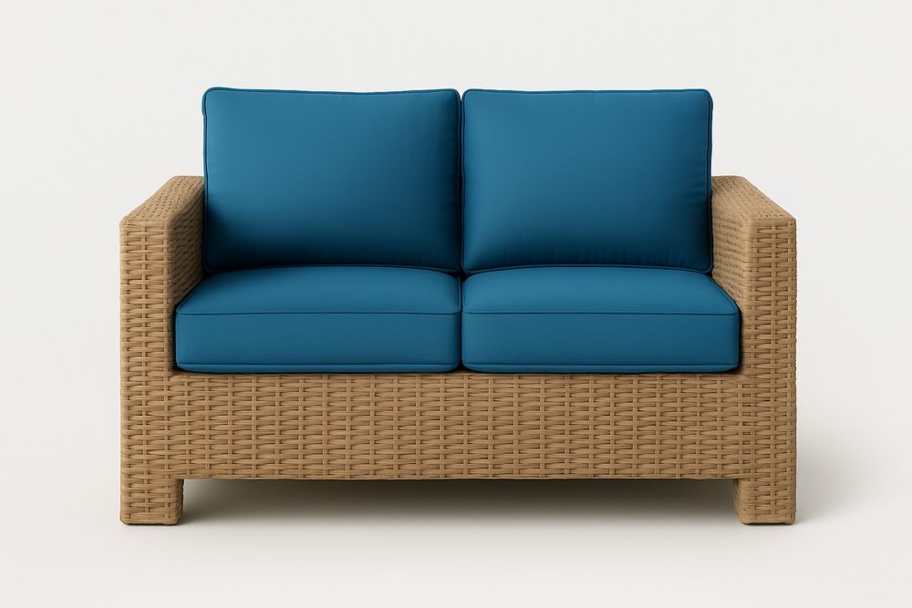 Rattan kanapé poliészter kék párnákkal 140cm x 80cm x 75cm