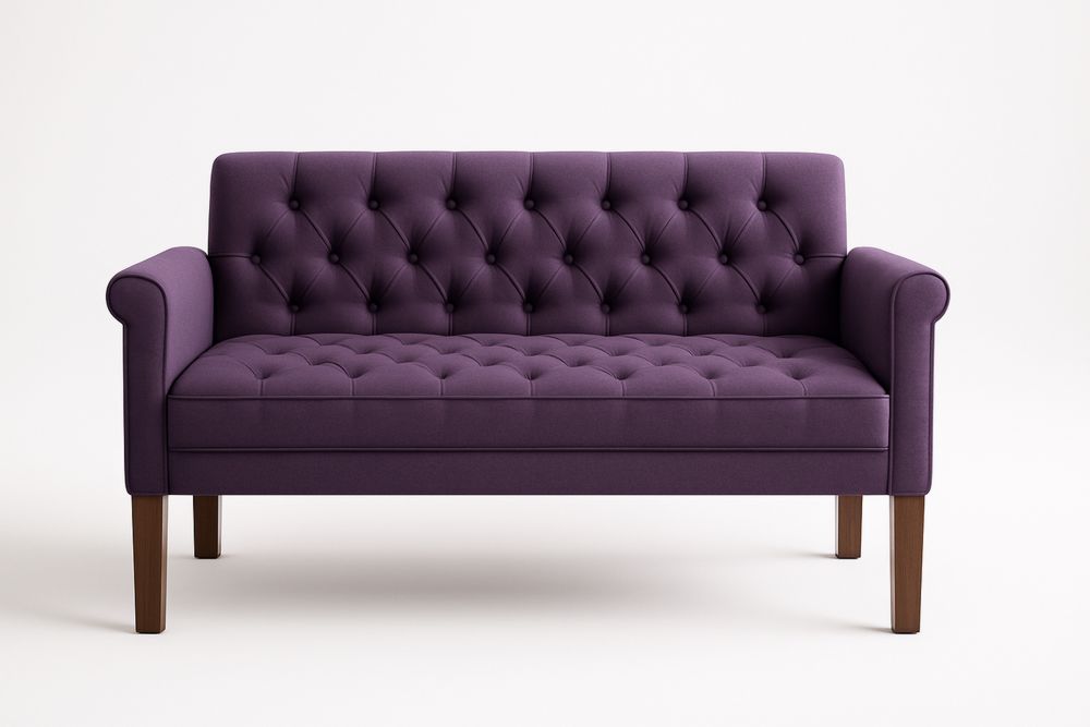 Lila poliészter kárpitozású kétszemélyes kanapé tömörfa lábakkal