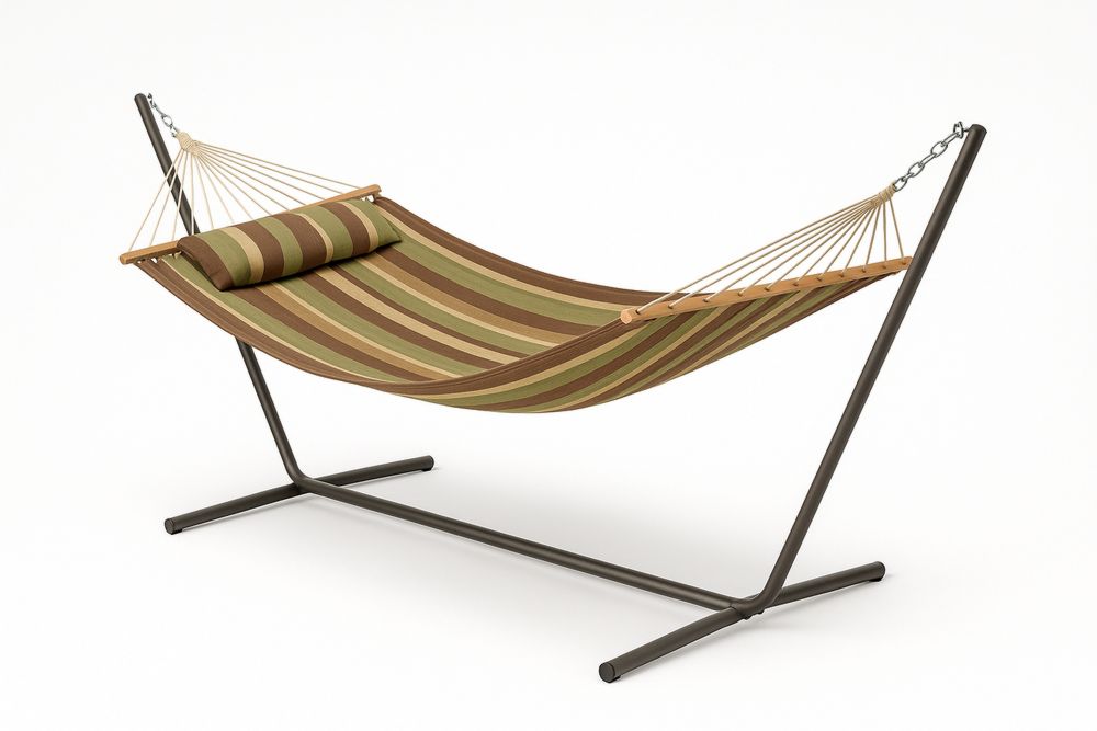 Kültéri függőágy acél állvánnyal, pamutvászon, csíkos, 200x150 cm