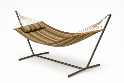 Kültéri függőágy acél állvánnyal, pamutvászon, csíkos, 200x150 cm