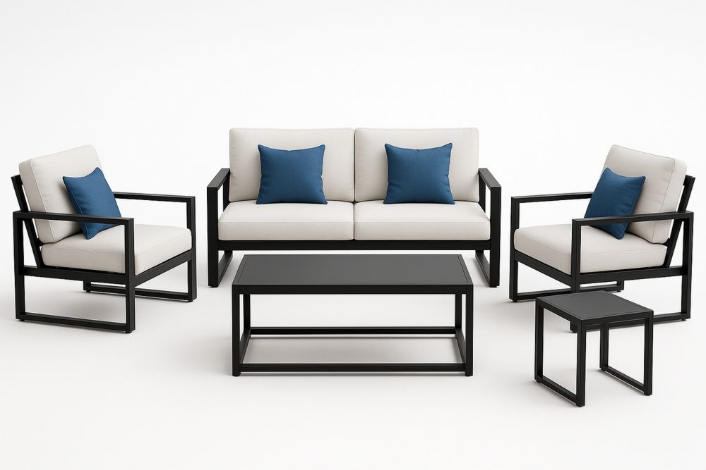 Kerti bútorszett párnázott acélvázzal 5 darabos fekete/fehér/kék