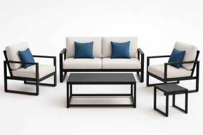 Kerti bútorszett párnázott acélvázzal 5 darabos fekete/fehér/kék