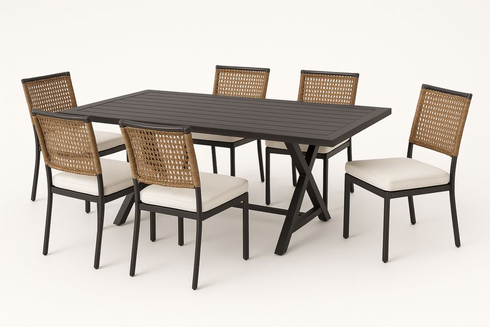 Kerti étkezőgarnitúra 6 személyes fém asztallal és fonott székekkel, téglalap alakú, fekete/krém
