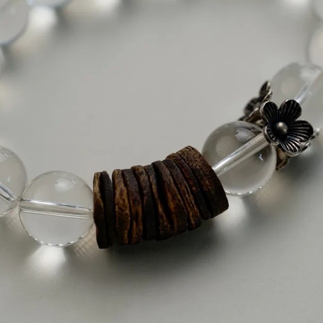 White Crystal Agarwood 925 Silver Flower Zen Bracelet | Peace & Wisdom