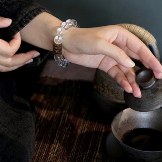 White Crystal Agarwood 925 Silver Flower Zen Bracelet | Peace & Wisdom