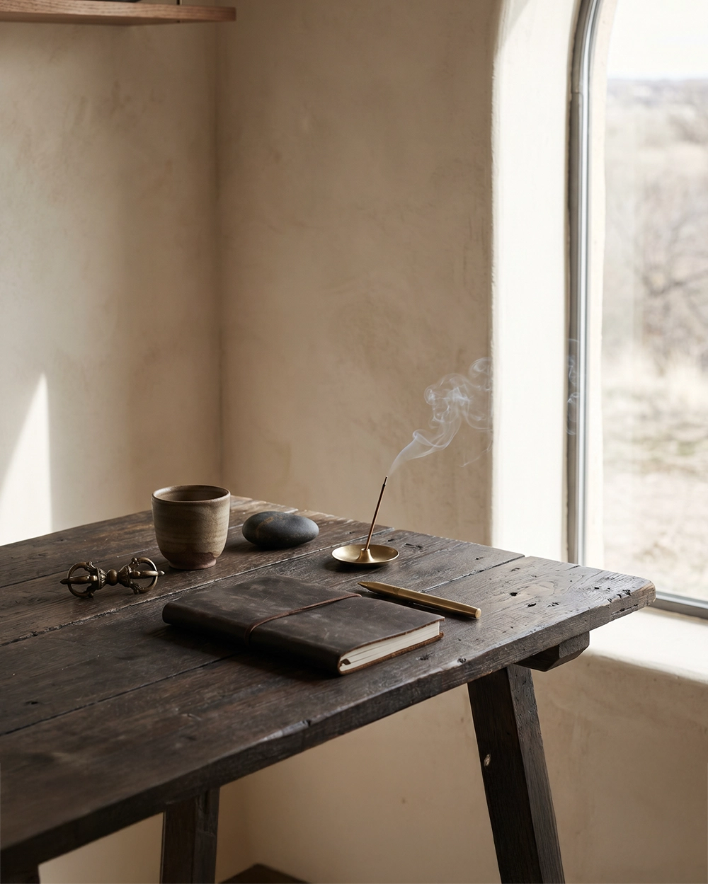 A mindful workspace with a small Vajra object, closed notebook, ceramic cup, incense, stone, and pen on a dark wooden desk