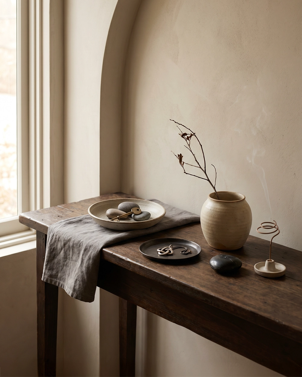 A quiet entryway console with a symbolic amulet tray, ceramic vase, incense holder, stones, linen cloth, and warm window light
