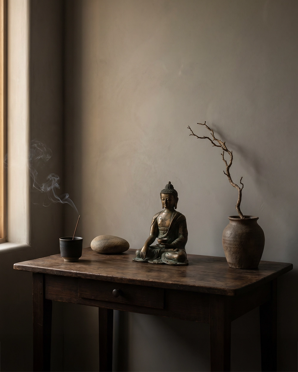 A quiet personal altar with a bronze Buddhist-inspired figure, incense smoke, stone, ceramic vase, and dark wood table in a wabi-sabi interior