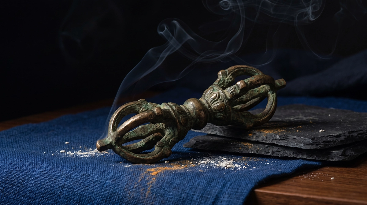 An aged bronze vajra resting on blue linen and slate enveloped in incense smoke, offering perfect inspiration for a dorje tattoo or spiritual jewelry design.
