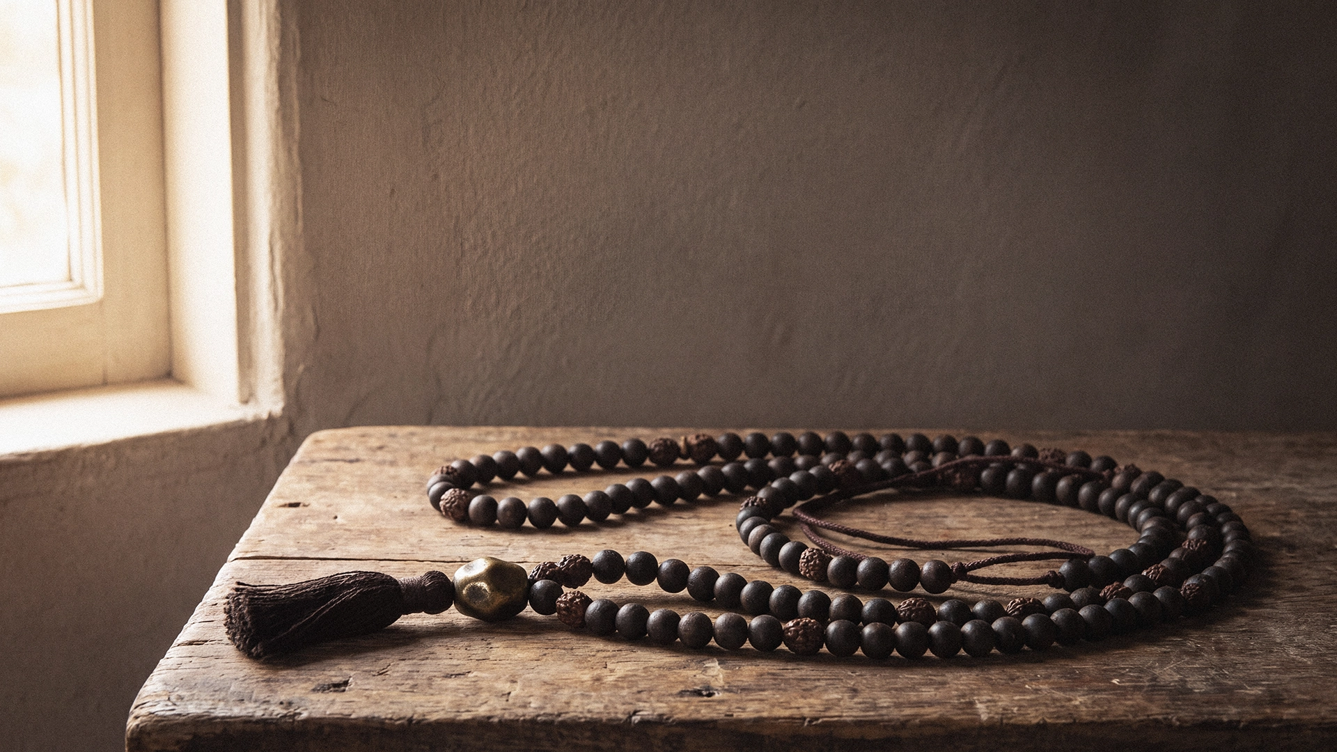 A full-length mala of small dark beads coiled in loose loops on a worn wooden table beside a window, with a larger guru bead and a dark tassel at the head of the strand.