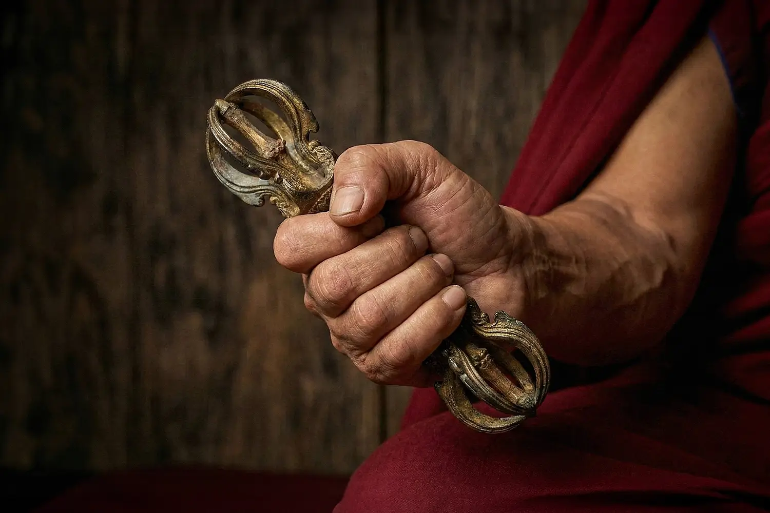 Close-up of a hand firmly gripping a Tibetan Dorje ritual tool to perform the Desktop Grounding technique, reducing work stress and anxiety.