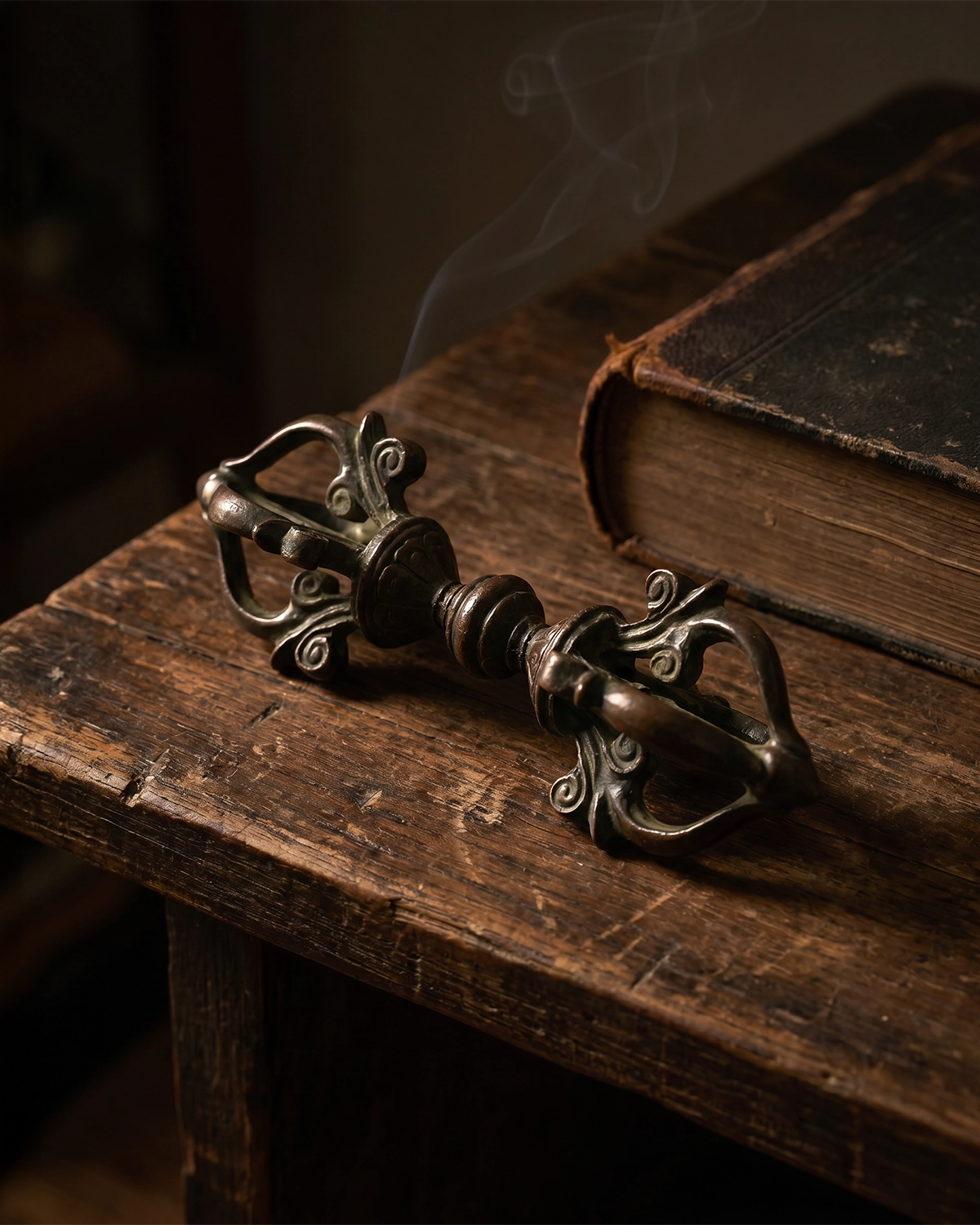 Aged copper-plated Vajra Dorje ritual object placed on a worn wooden table beside an old book and soft incense smoke.