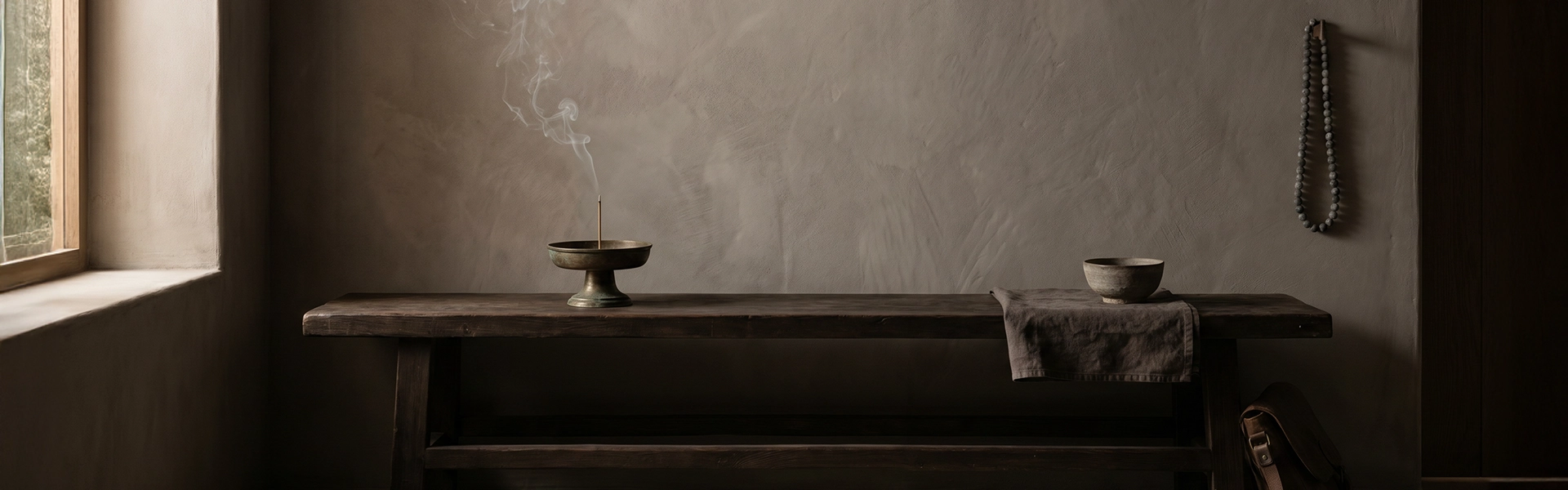 All Spaces collection scene with incense holder, wall-hung beads, travel bag, linen, dark wood bench, and quiet wabi-sabi ritual atmosphere.