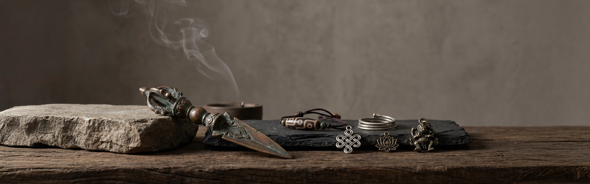 All Symbols banner with Tibetan-inspired symbolic objects including a Phurba-inspired ritual form, Dzi bead strand, Endless Knot, lotus motif, rings, aged metal, raw stone, smoke, and dark wood.