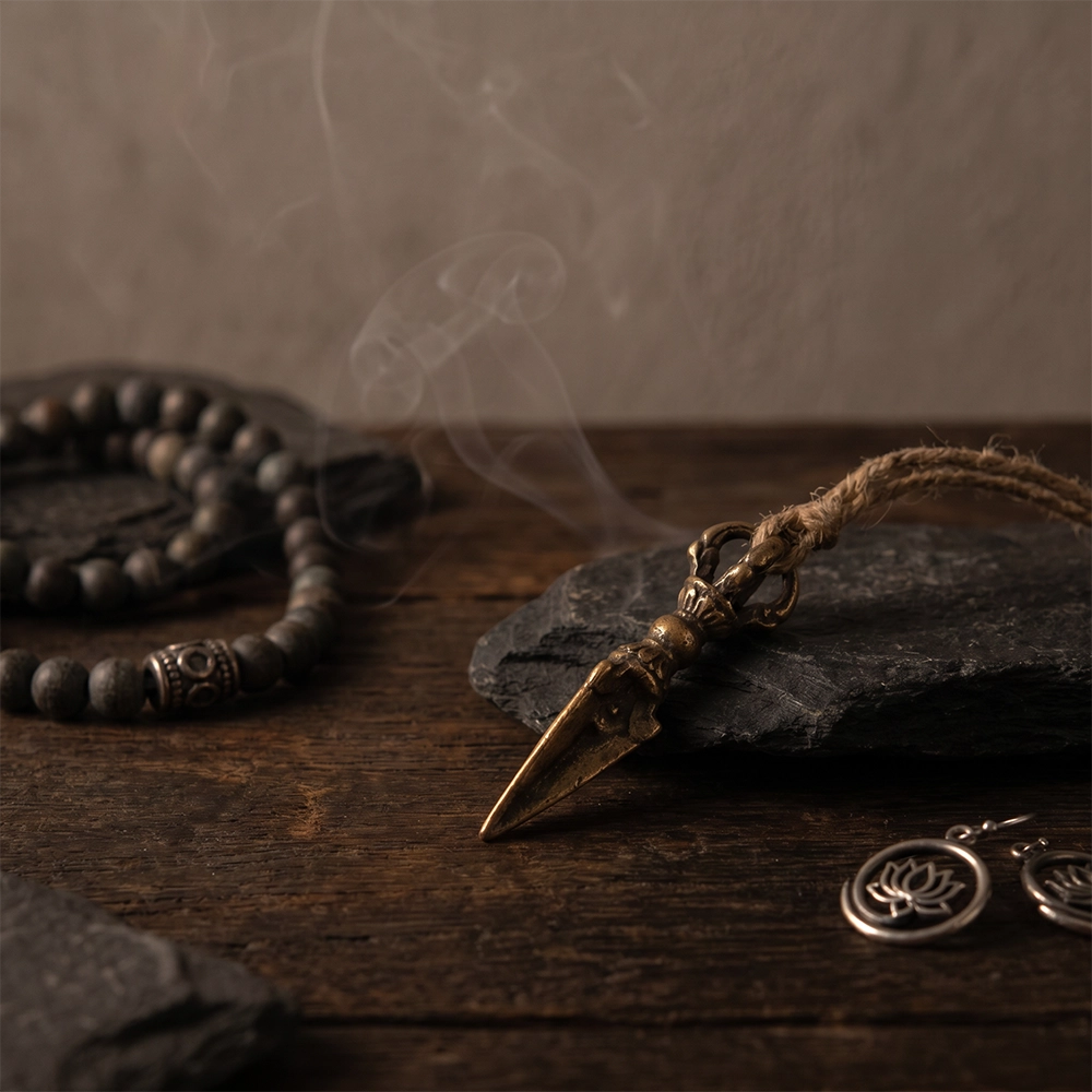 {"default":"Square mobile banner showing a Phurba-inspired charm, mala beads, lotus earrings, and Tibetan-inspired symbolic objects in a dark wabi-sabi ritual setting."}
