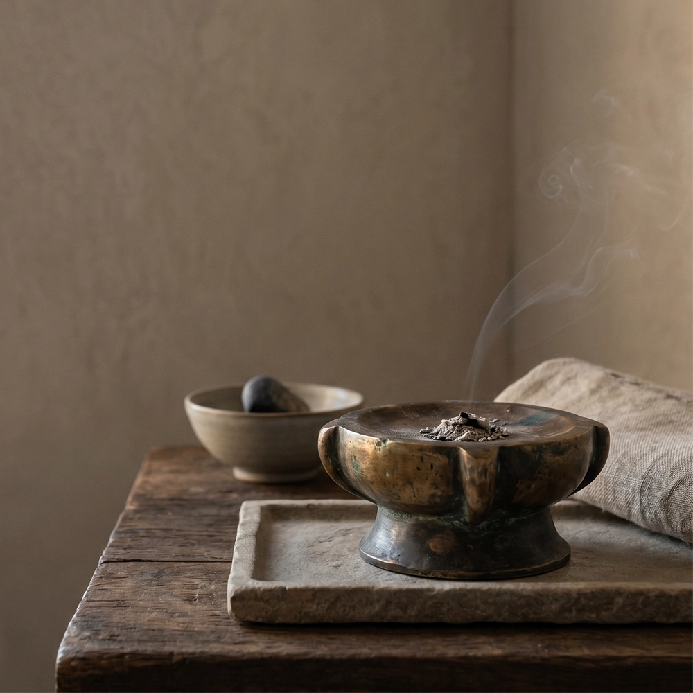 {"default":"Square mobile banner showing an aged incense vessel altar object with ash, raw stone, dark wood, linen, and soft smoke in quiet wabi-sabi light."}
