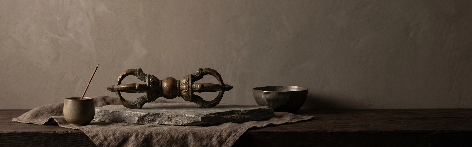 Aged Vajra altar object arranged on raw stone with incense, dark wood, linen, and soft smoke in a quiet Western wabi-sabi ritual setting.