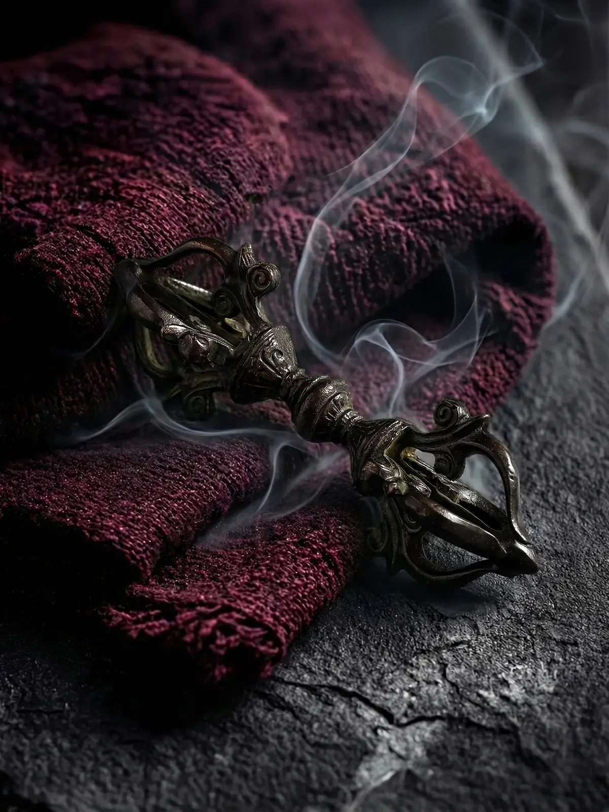 Antique aged copper four-pronged vajra dorje resting on maroon woven fabric with swirling incense smoke for witchy spiritual altar decor