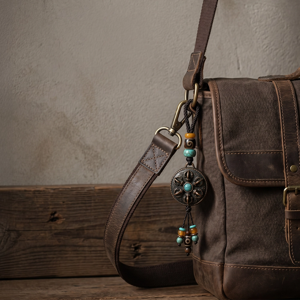 {"default":"Square mobile banner showing a Tibetan-inspired beaded bag charm with aged metal detail attached to a canvas and leather bag."}
