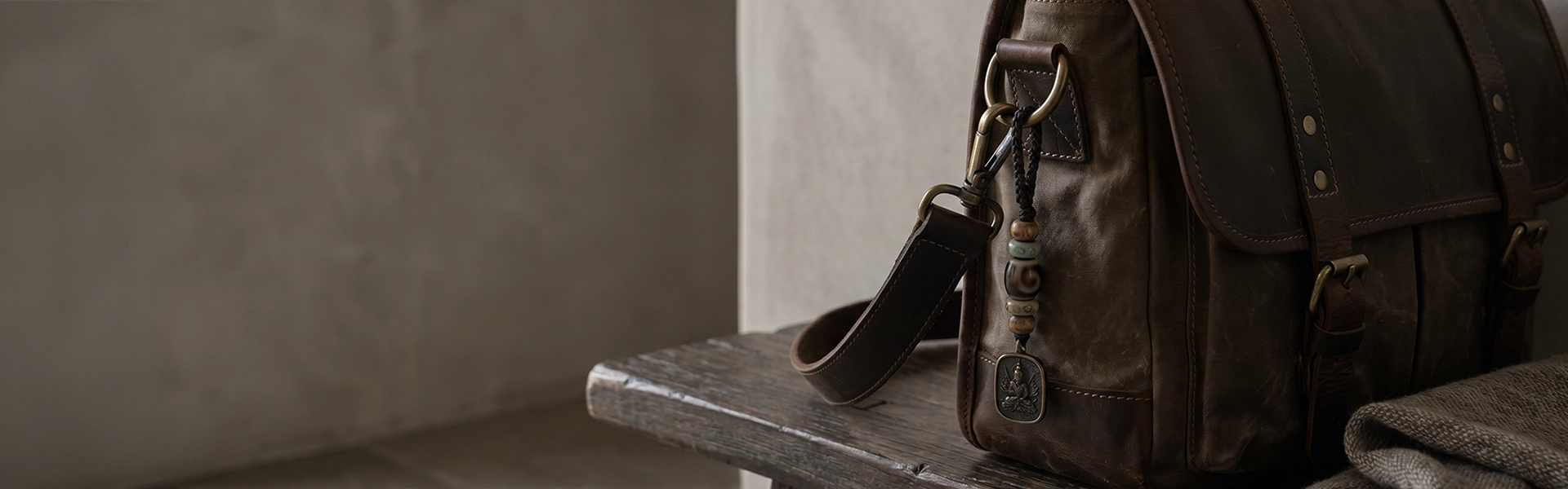 Tibetan-inspired bag charm with muted beads, dark cord, and aged metal pendant attached to a leather and canvas travel bag.