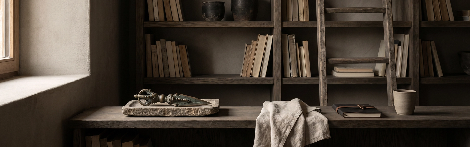 Bookshelf and library scene with muted books, aged wooden shelves, a Phurba-inspired symbolic object, linen, ceramic cup, and quiet reading-room atmosphere.