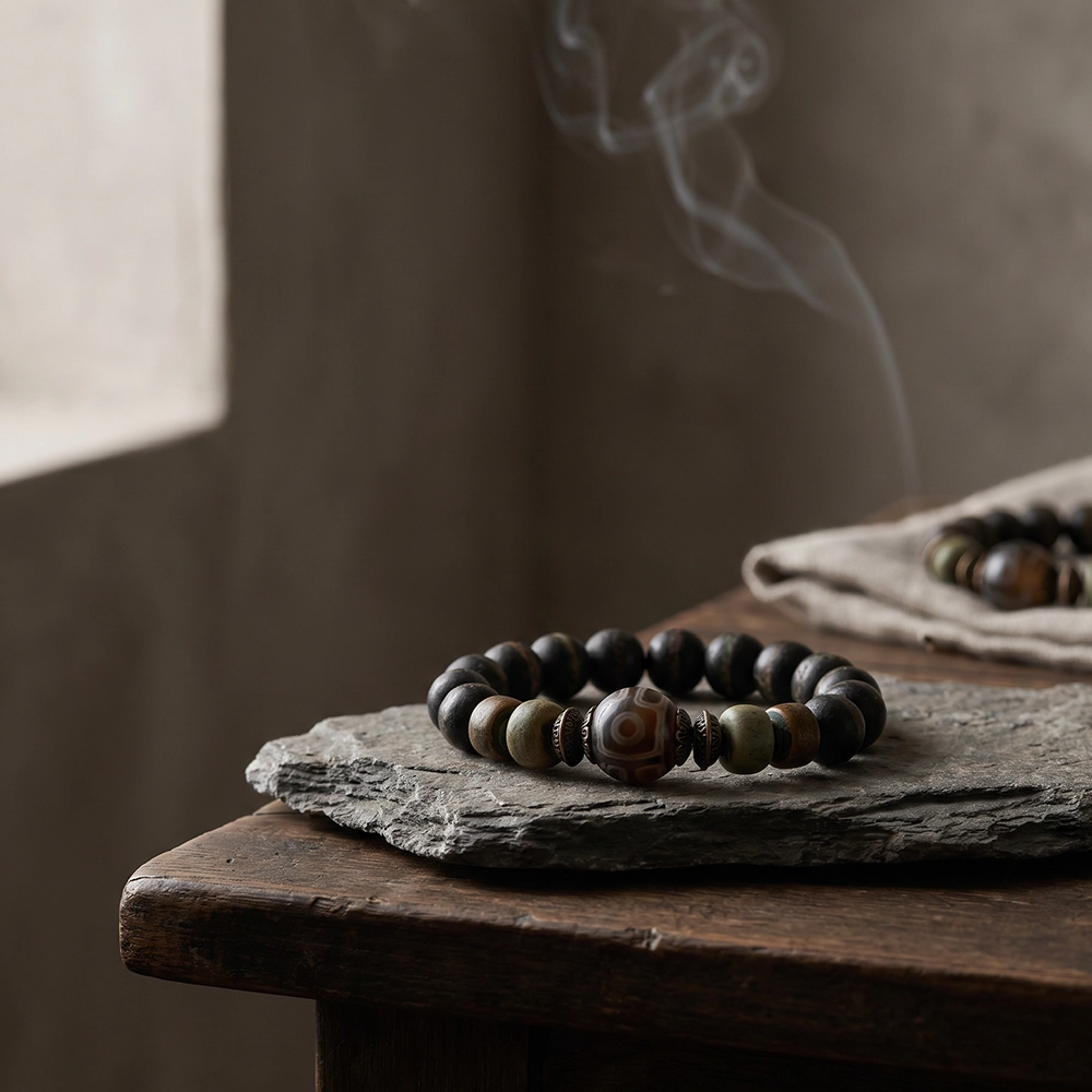 {"default":"Square mobile banner showing a Dzi-style beaded bracelet on raw stone and dark wood with soft smoke, aged metal accents, and quiet wabi-sabi atmosphere."}
