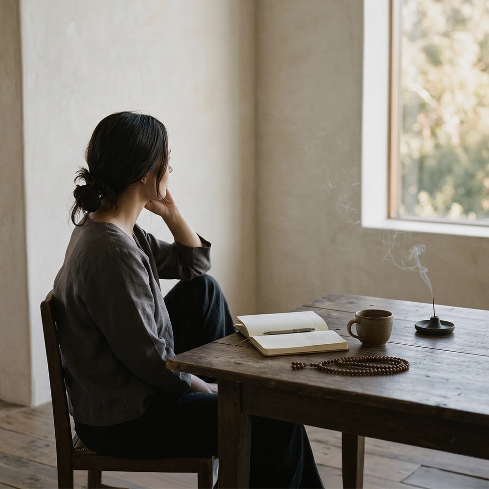 An anonymous figure seated beside a wooden table with mala beads, incense, an open notebook, and a ceramic cup in a quiet wabi-sabi room