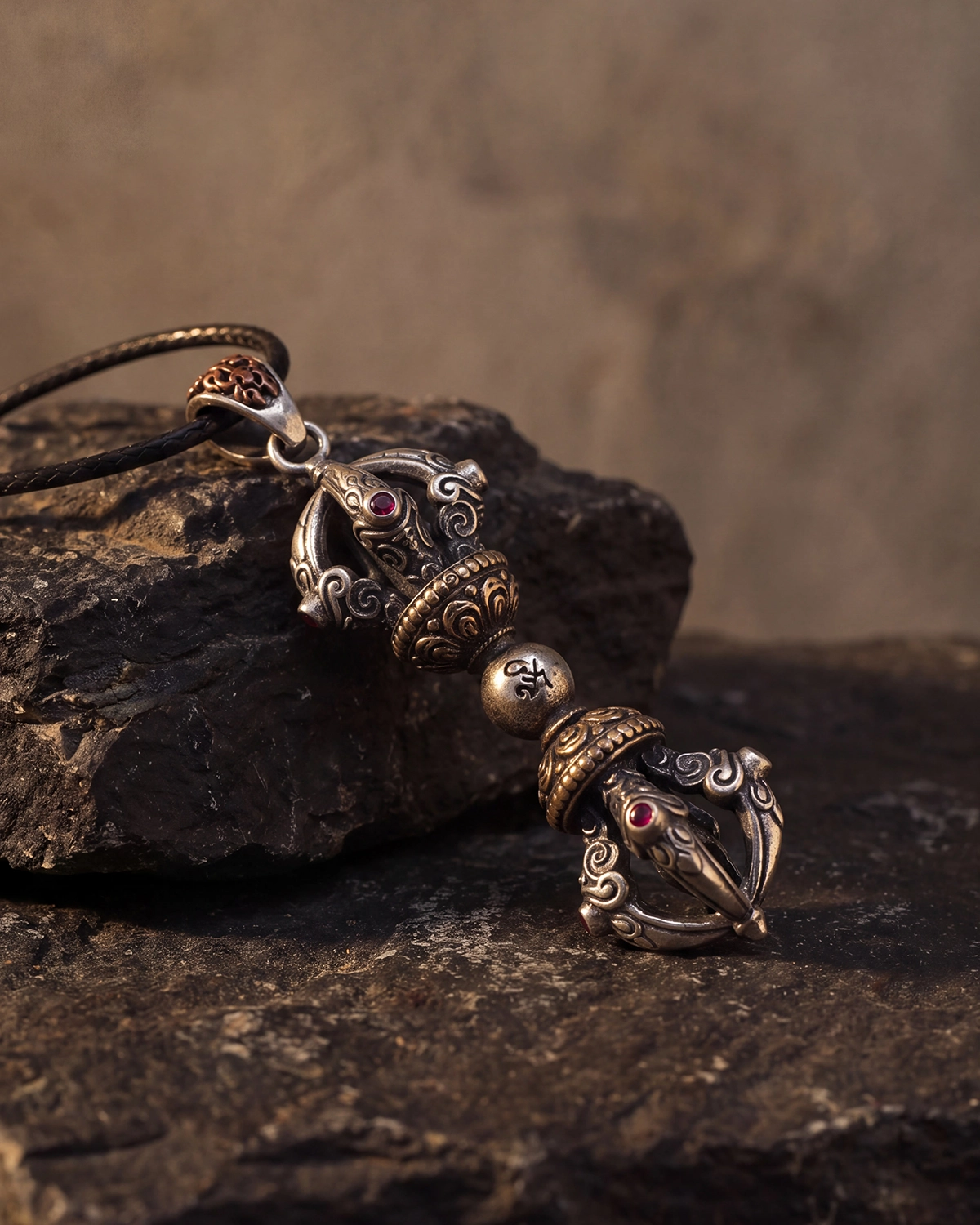 Aged brass Vajra pendant resting on dark rough stone with a black cord and warm shadowed background.