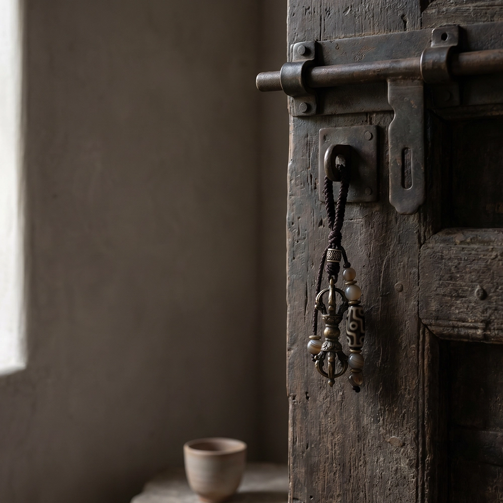 {"default":"Square mobile banner showing a Tibetan-inspired door blessing charm hanging from an aged wooden door latch with beads, dark cord, and quiet wabi-sabi light."}
