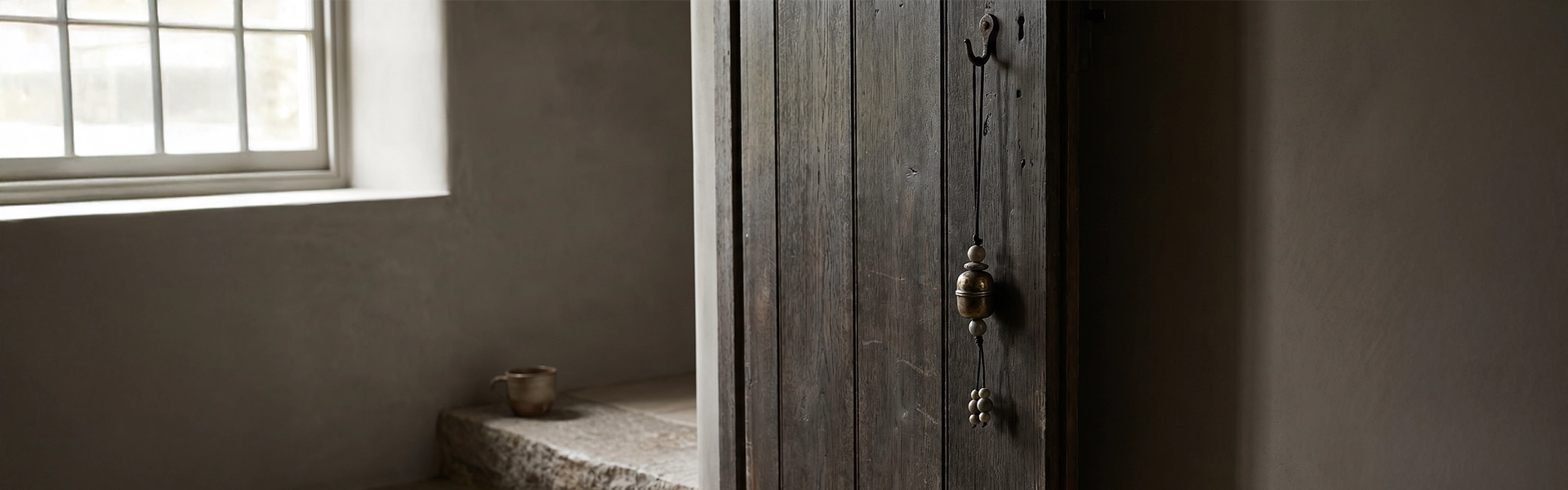 Tibetan-inspired door blessing charm hanging on an aged wooden door with muted beads, dark cord, soft light, and quiet wabi-sabi threshold atmosphere.