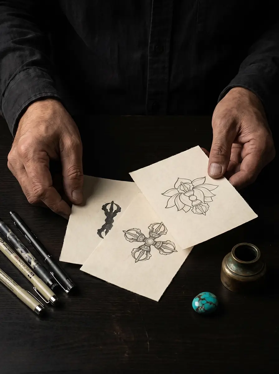 Hands holding artistic sketches of a double dorje and lotus on parchment paper, exploring authentic dorje tattoo designs and tattoos of wisdom.