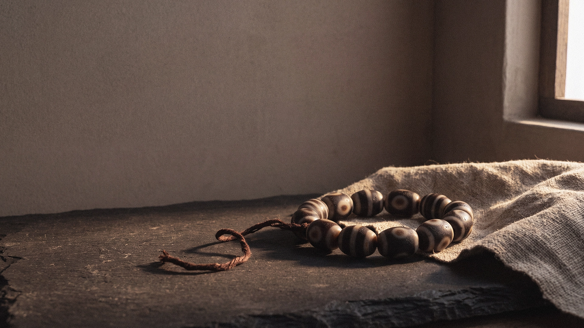 A bracelet of patterned stone dzi beads resting on a dark wooden surface beside a fold of coarse linen, lit by soft side light.
