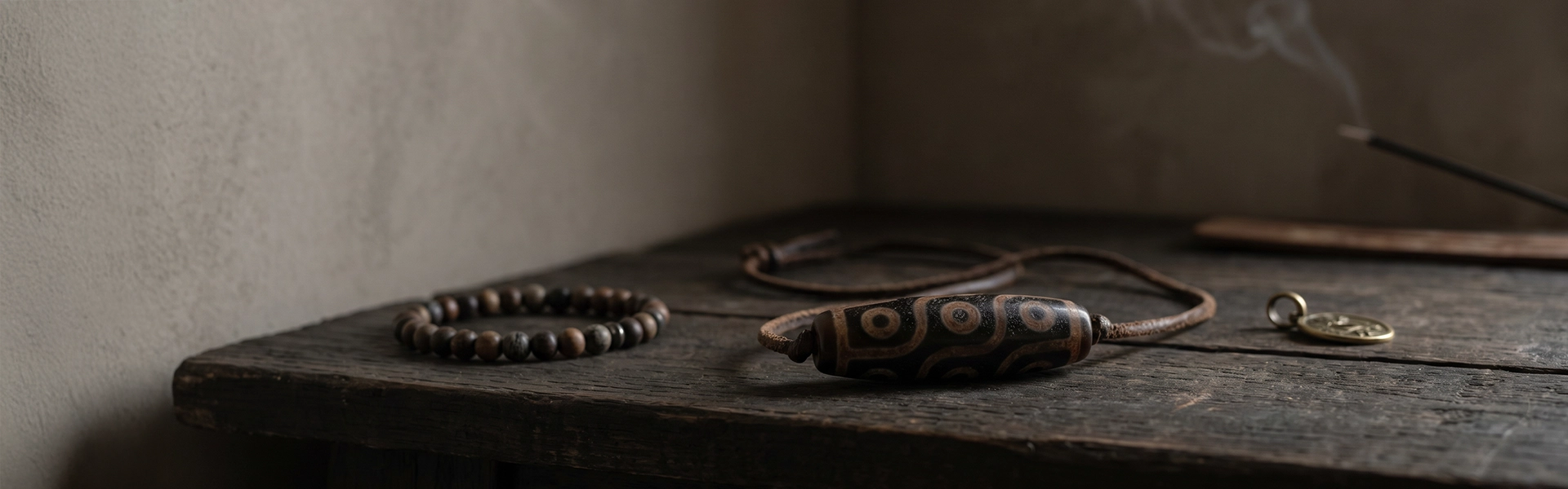 Dzi-inspired bead pendant and bracelet arranged on dark wood with muted cord, aged metal detail, and quiet ritual atmosphere.